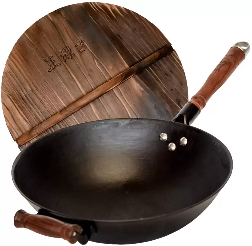 wangyianji carbon steel wok with wooden lid and handle